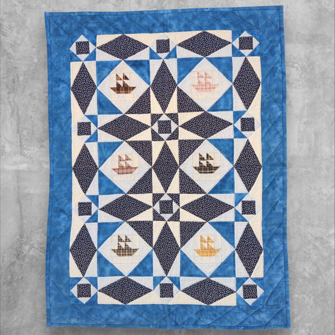 パッチワーク キルト タペストリー 帆船柄 ハンドメイド Vintage
