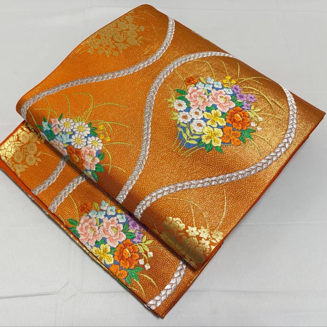 A 花々模様 金銀糸 オレンジ 正絹 六通 袋帯 フォーマル O52 - メルカリ