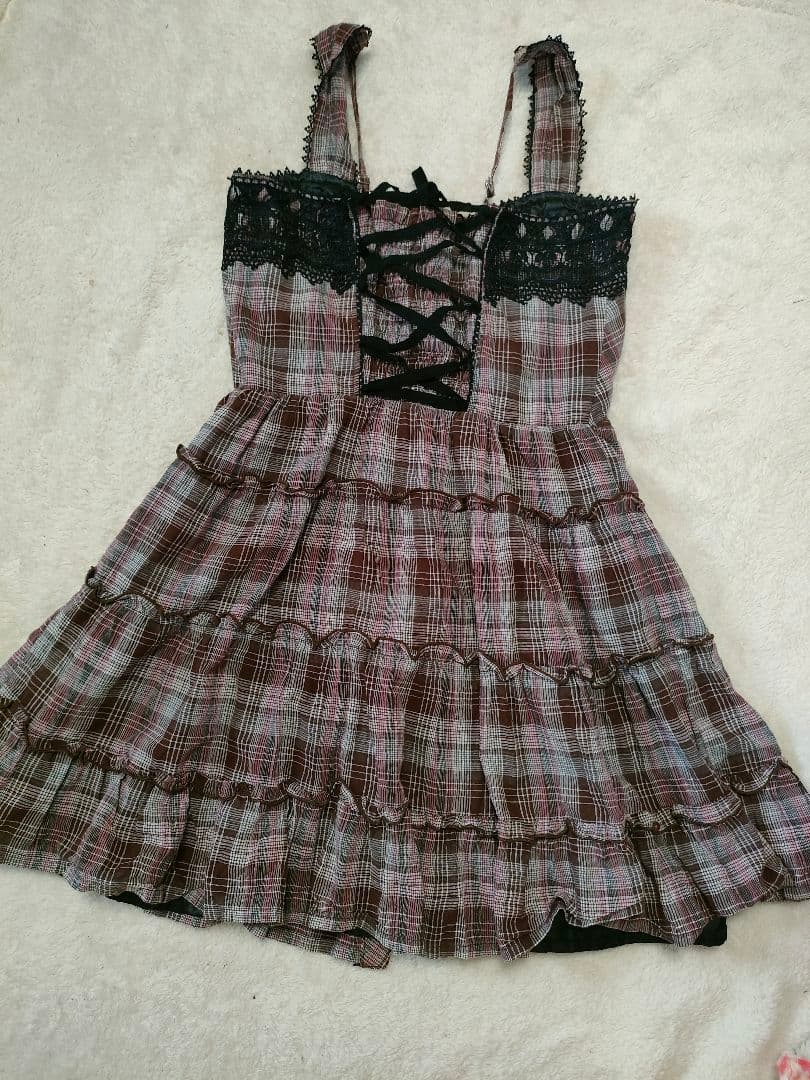 リズリサ トゥララ チェック ダークコア リボン レース y2k ワンピース