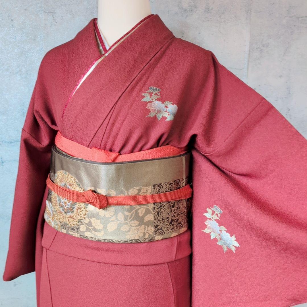 訪問着 フルセット 着物 正絹 赤 金 楽器 笛 バチ衿 O5 - メルカリ