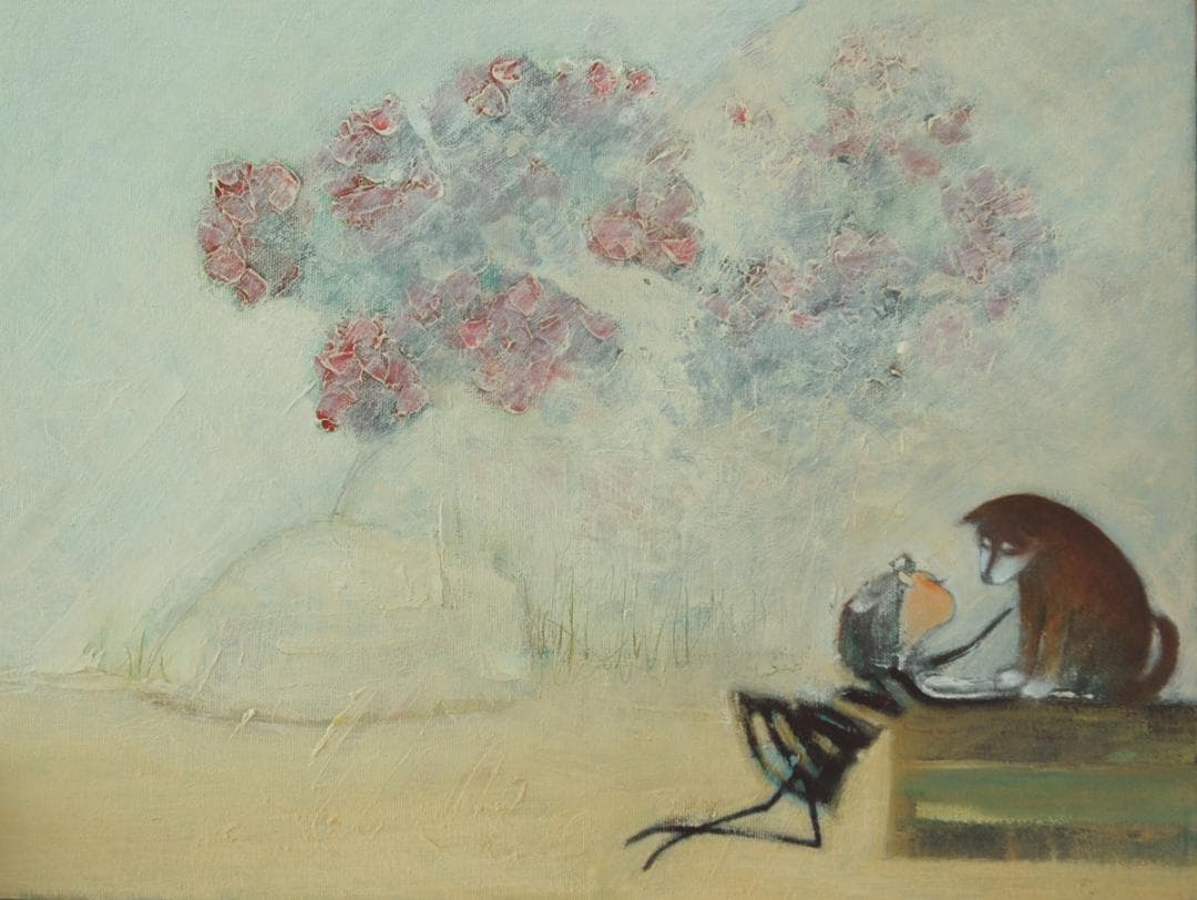 油絵菅家令子 絵 絵画インテリア額付(青緑＋金色の枠)uF6-071619