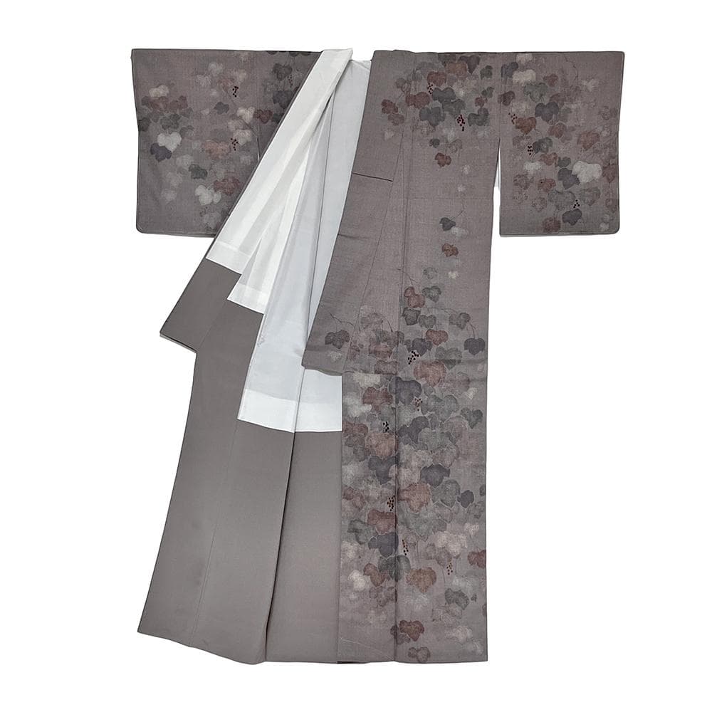 重要無形文化財 結城紬 正絹 手描友禅 新古品 グレー 葡萄 №ymk0050