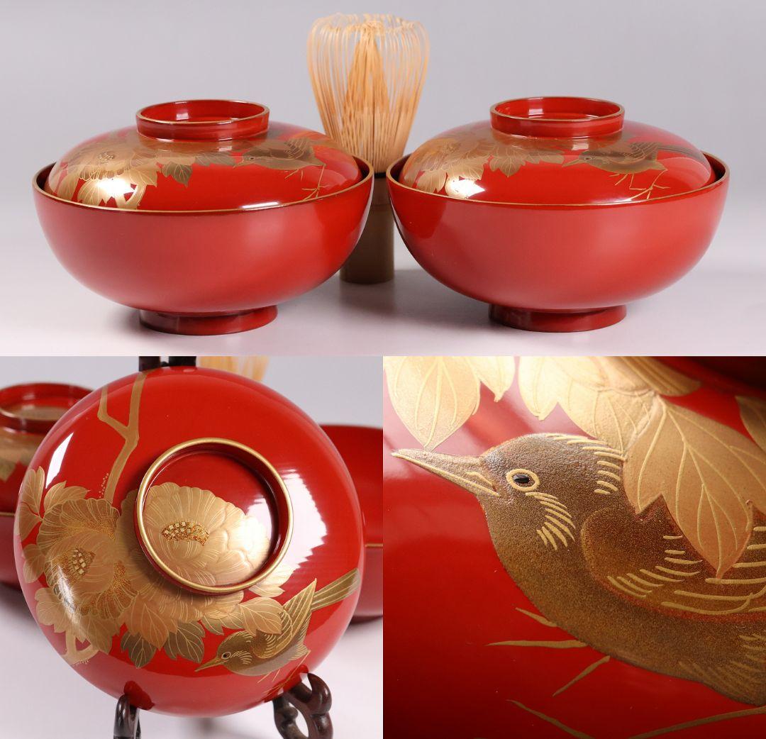 【MB178】輪島塗 花鳥金蒔絵 朱塗椀 二客 煮物椀 天然木漆塗 鶯牡丹 昭和 天然木製漆塗 朱塗り 図変わり鳥花金蒔絵 煮物椀 4客セット - 生活骨董