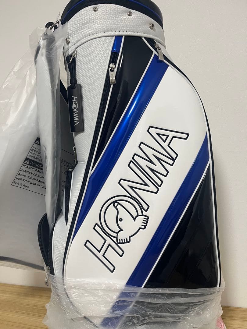 新品 HONMA ゴルフキャディバッグ ホワイト ブラック/ブルー プロ譲渡