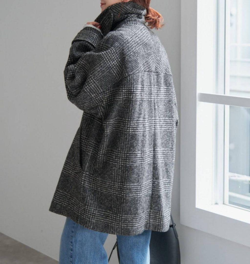 24AW スピックアンドスパン Wスライバーチェックハーフコート 36 黒