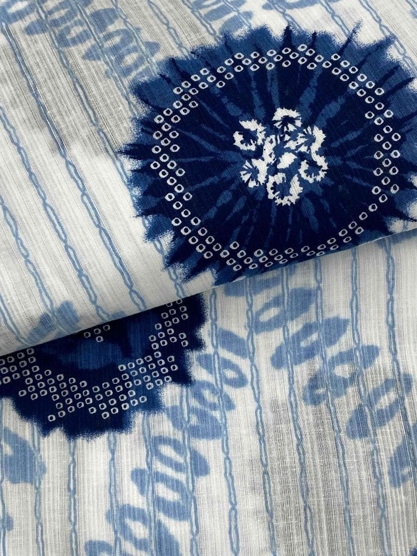 半額以下☆最終価格☆美術サロン高級浴衣 近江ちぢみ藍捺染 白紺 知多