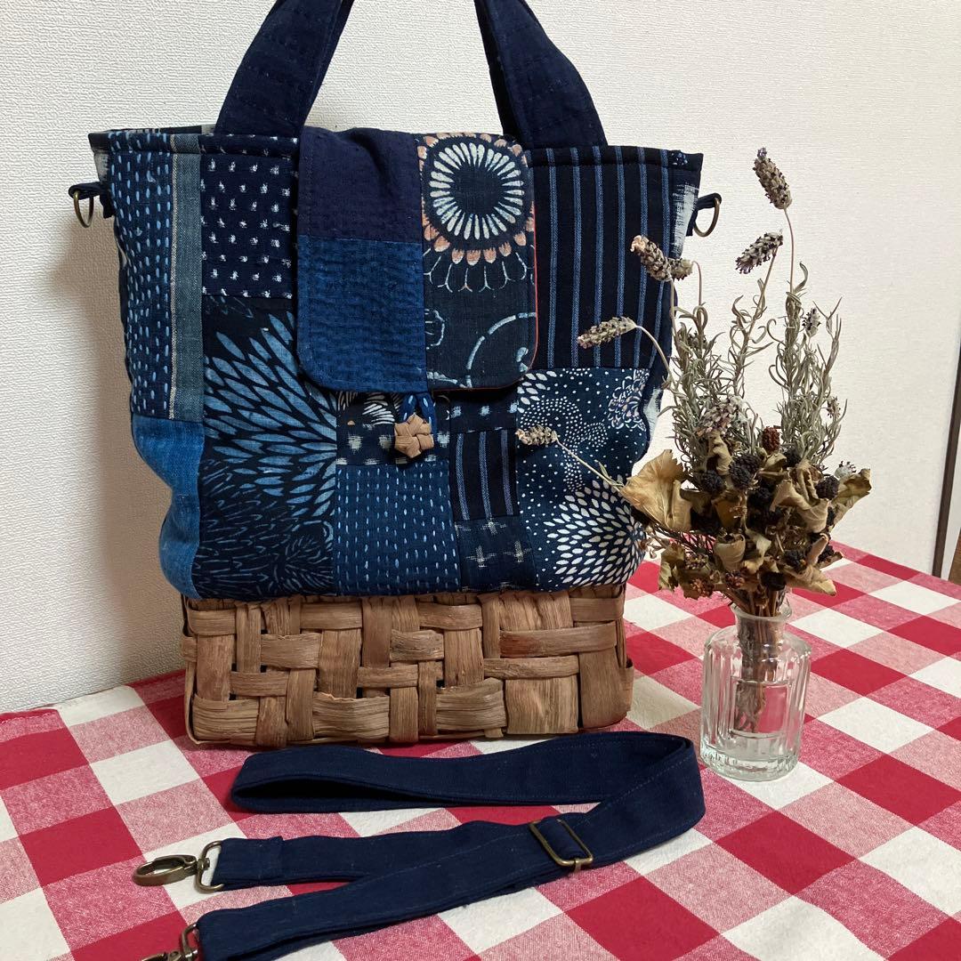国産山葡萄籠かご藍染古布紅花染め刺し子2way手提げショルダーバック