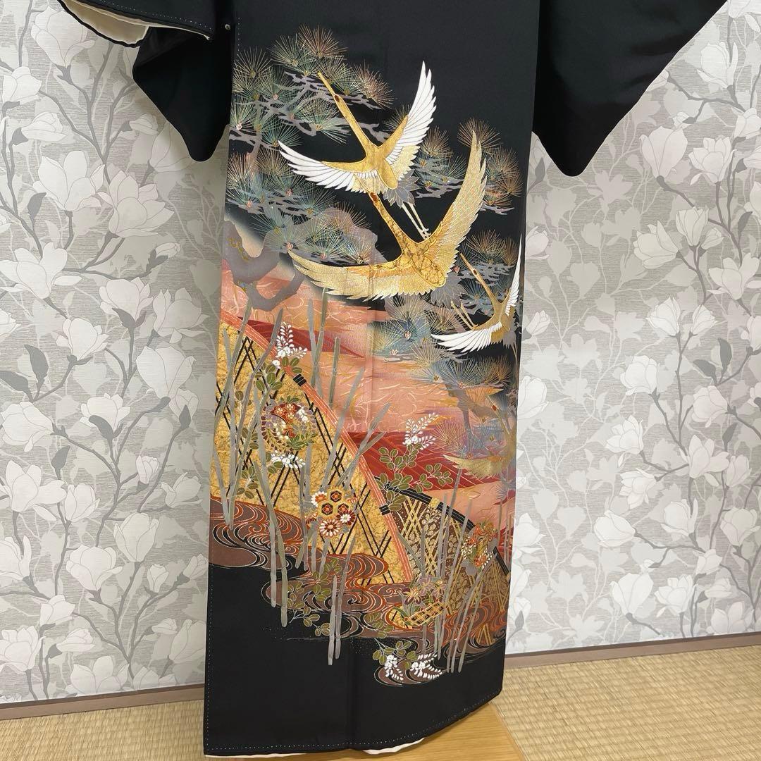 正絹 江戸褄 作家物 飛鶴に松 黒留袖 ファッション レディース 着物
