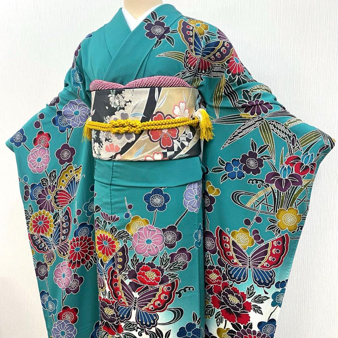 梅乃【159】正絹 振袖 セット 前撮り 成人式 撮影 紅型 青緑 大人 古典