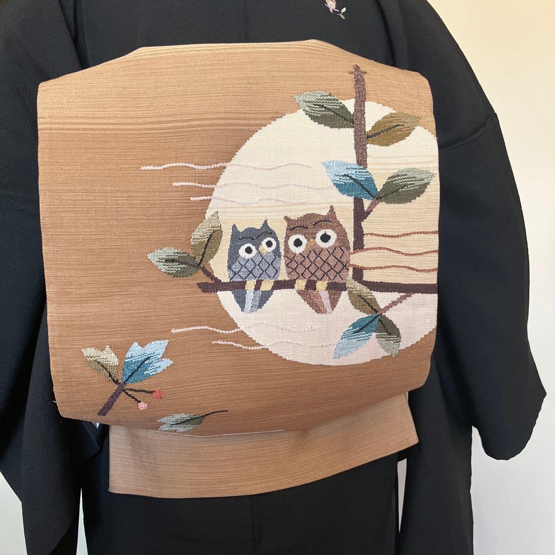 K*O様 フクロウ刺繍の黒い小紋着物 袋帯