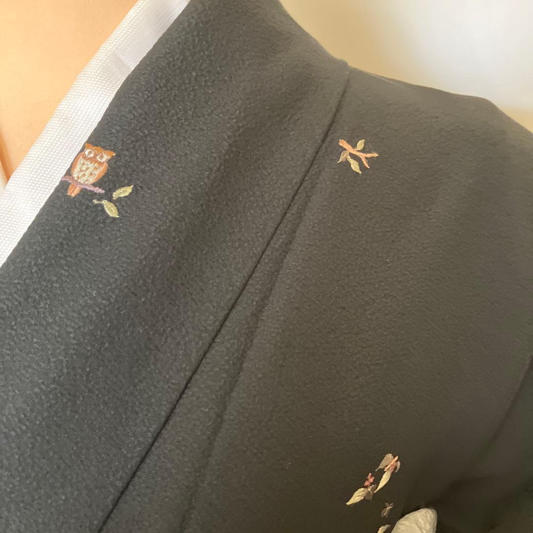 K*O様 フクロウ刺繍の黒い小紋着物 袋帯