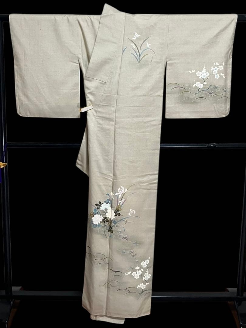 結城紬 手描き訪問着 奥順特製 はたおり娘 花文 証紙 美品 イ6665