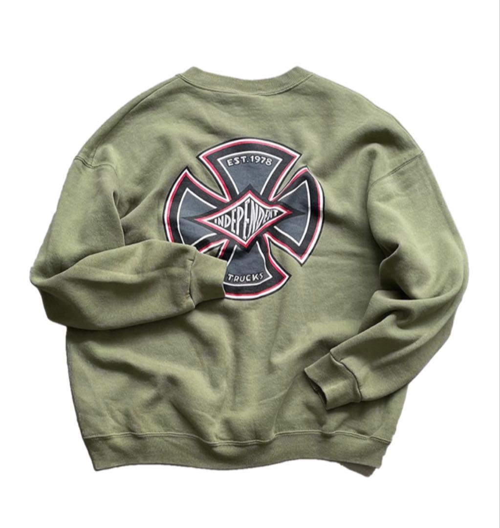 USA製 90s INDEPENDENT スウェット カーキ XL 古着 90s INDEPENDENT インディペンデント BIG クロス オールド
