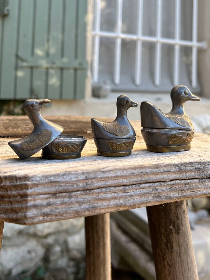 ◇フランスアンティーク｜ピューター製アヒル小物入れセット手作り小鳥