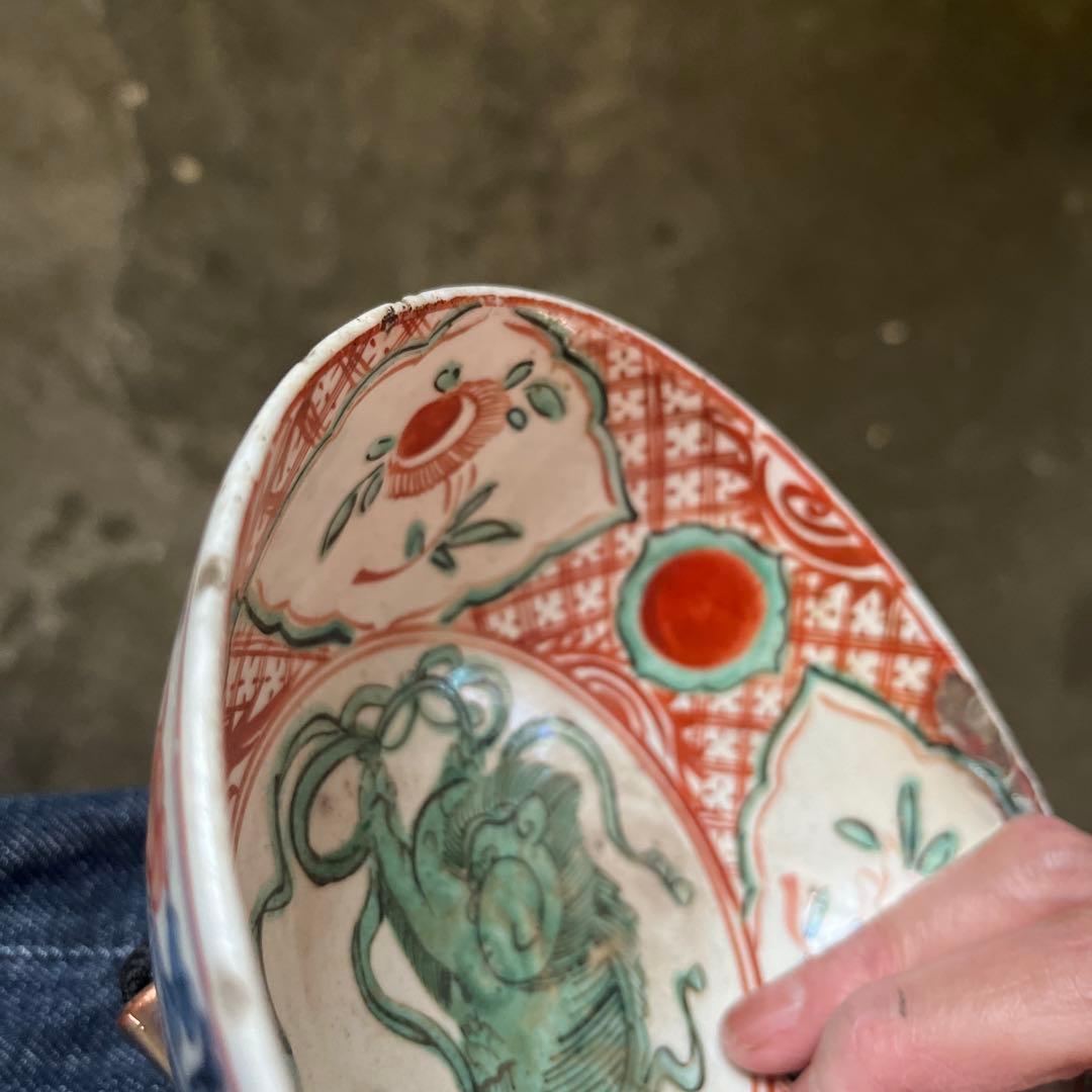 骨董 古犬山焼 赤絵 赤玉 なます皿 菓子器 獅子 中深鉢 江戸後期 金