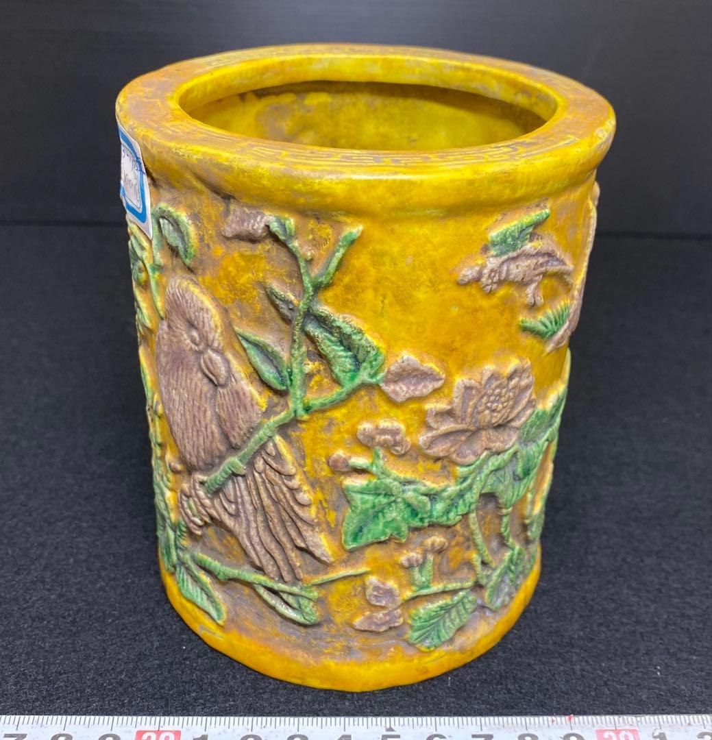 中国美術　雍正年製　花鳥図　筆筒　タルオ　高さ12.5㎝ 東里8-0130② 中国美術 雍正年製 花鳥図 筆筒 タルオ 高さ12.5㎝ 東里8-0130②