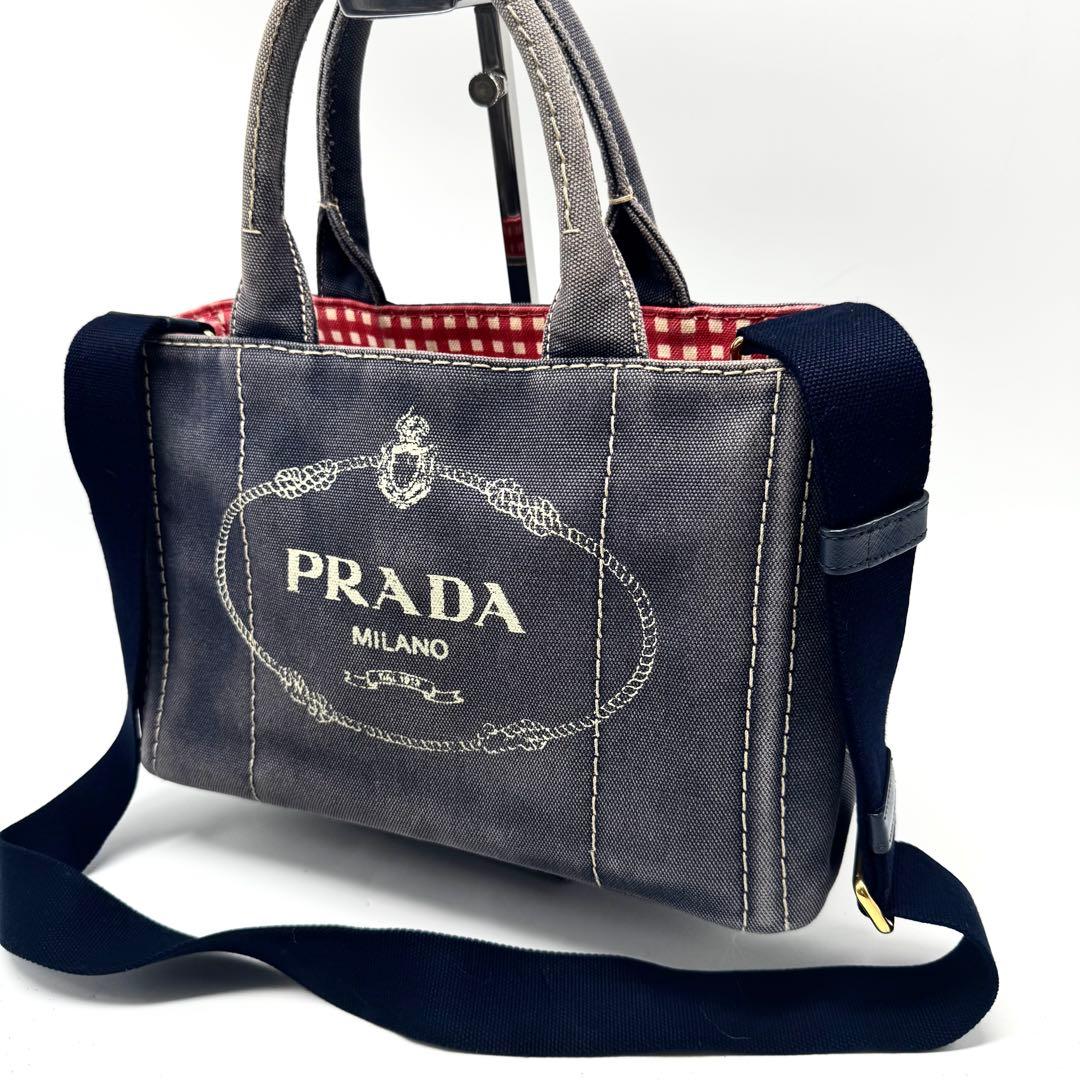 プラダ 2way ハンドバッグ カナパS ギンガムチェック キャンバス