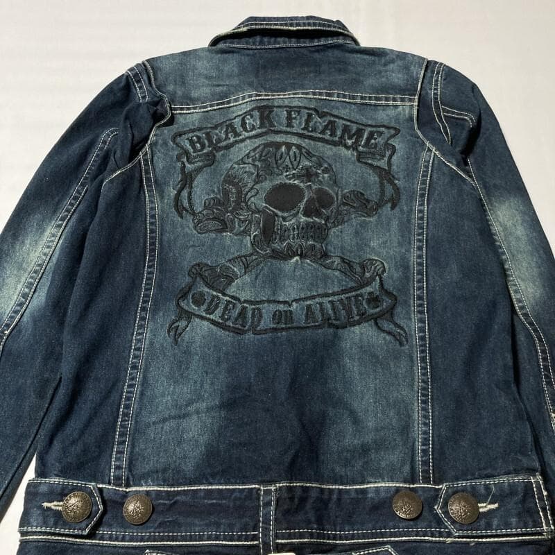 BLACK FLAME☆背スカル&ロゴ刺繍 ヴィンテージ デニムツナギ 15.5