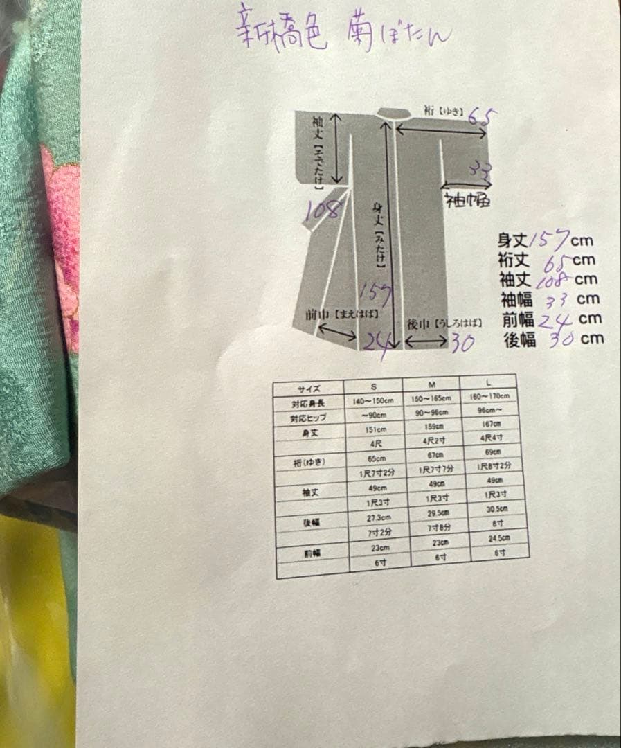新橋色 菊牡丹柄 振袖 身丈157