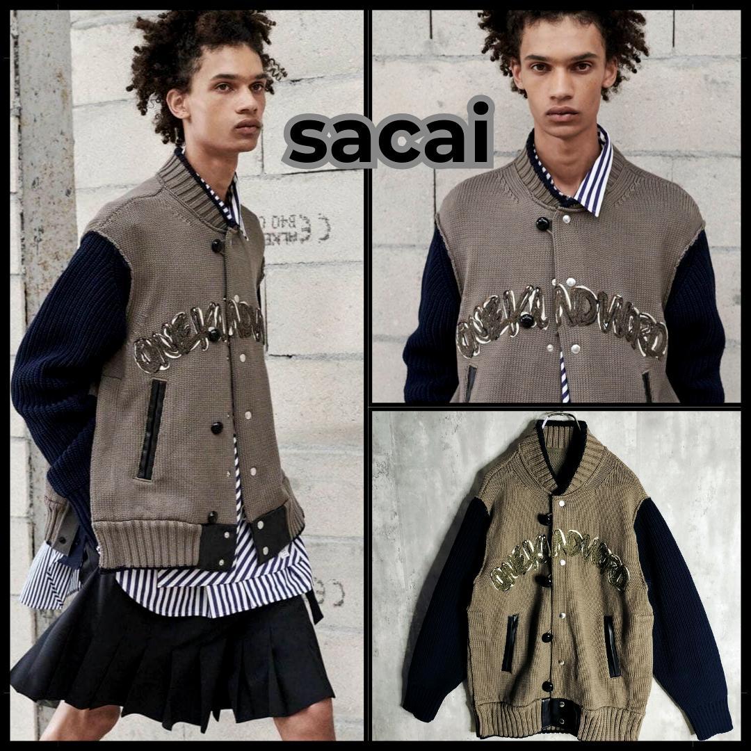 極美品☆sacai エリックヘイズ 刺繍 ニットブルゾン スタジャン レザー