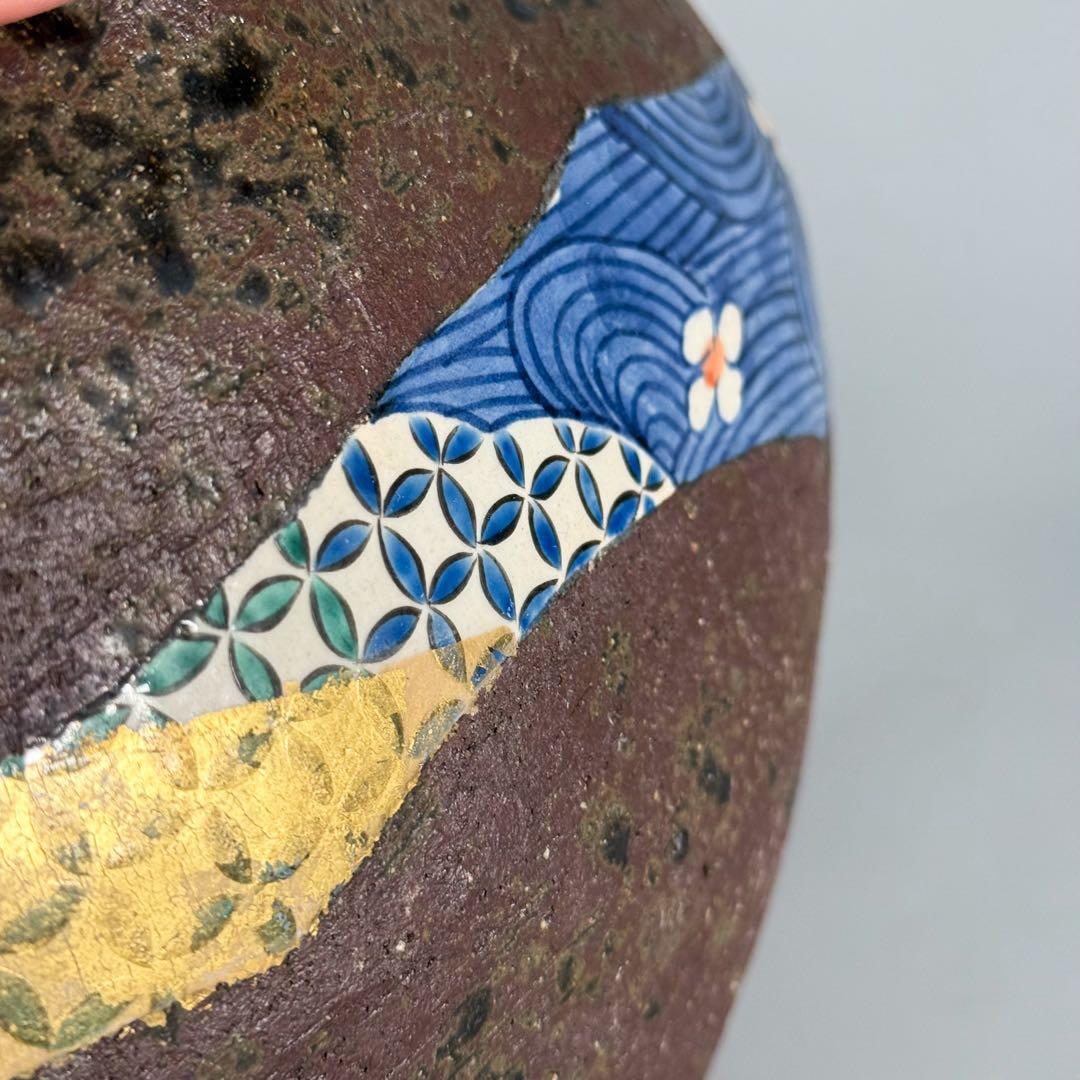 中村梅山 造】象嵌色絵扁壷 在銘 飾壺 陶芸家 加賀の仁清 花