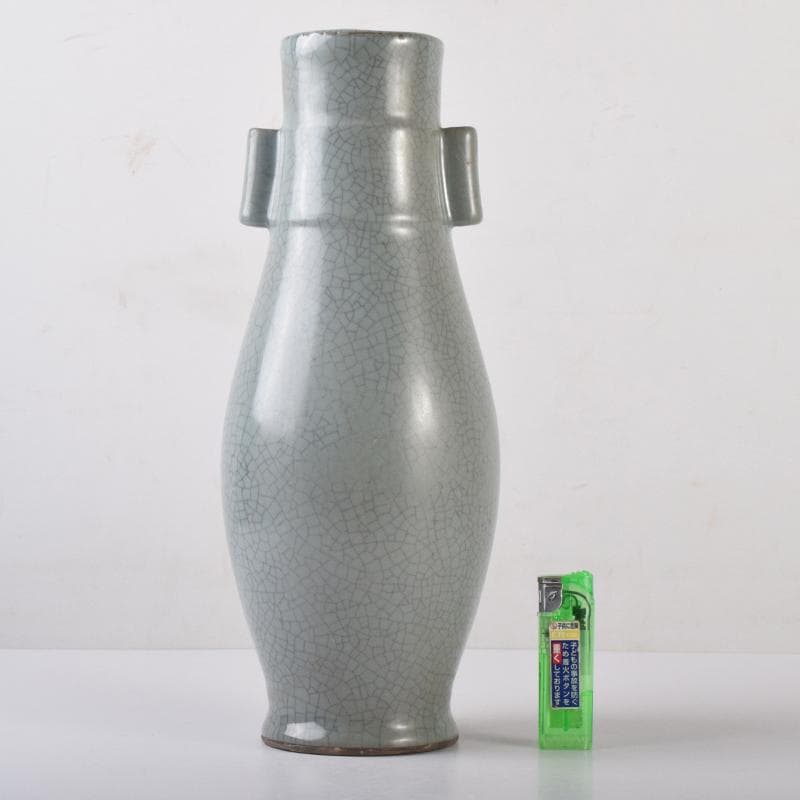 中国 南宋 官窯 青磁 金糸鉄線 貫耳双耳瓶 C 7058A