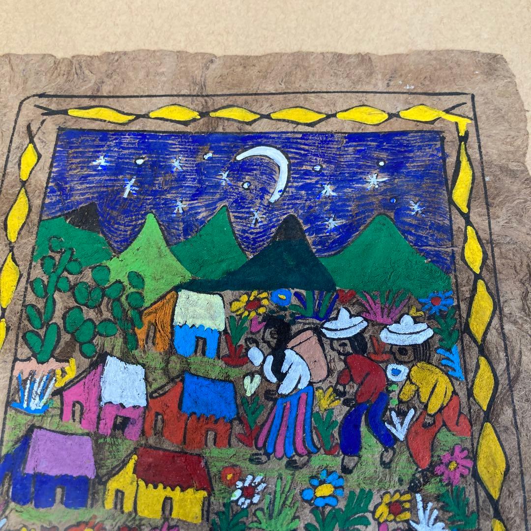 メキシコ 木の皮 お祝い 伝統アート 手書き 絵画 額付 - メルカリ