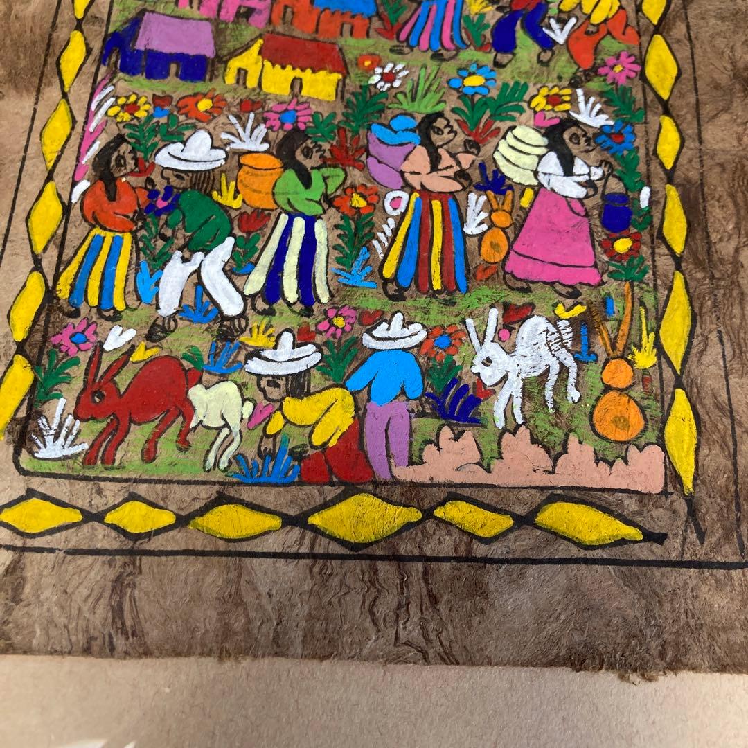 メキシコ 木の皮 お祝い 伝統アート 手書き 絵画 額付 - メルカリ