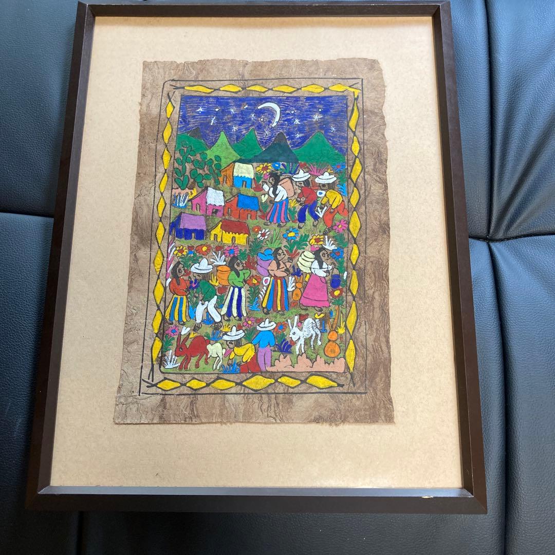 メキシコ 木の皮 お祝い 伝統アート 手書き 絵画 額付 - メルカリ