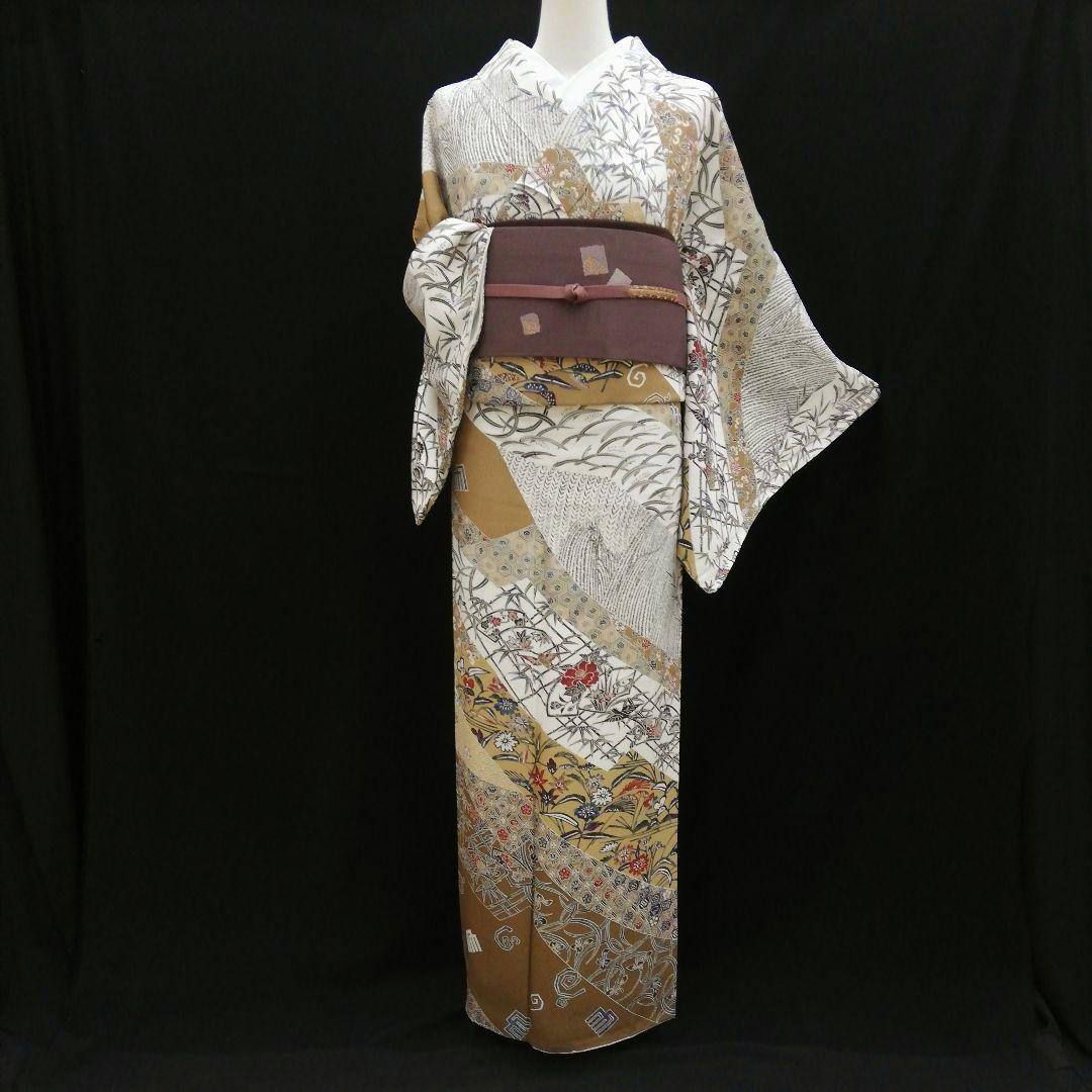 しゃれ訪問着(袷) (地紙に花鳥 源氏香 花唐草 吉祥紋 ちりめん ガード