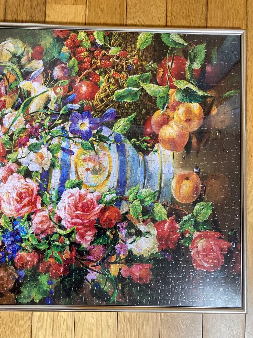 千P④花瓶もれでる花ジグソーパズル アルミ額50×75㎝完成品 油絵 作名