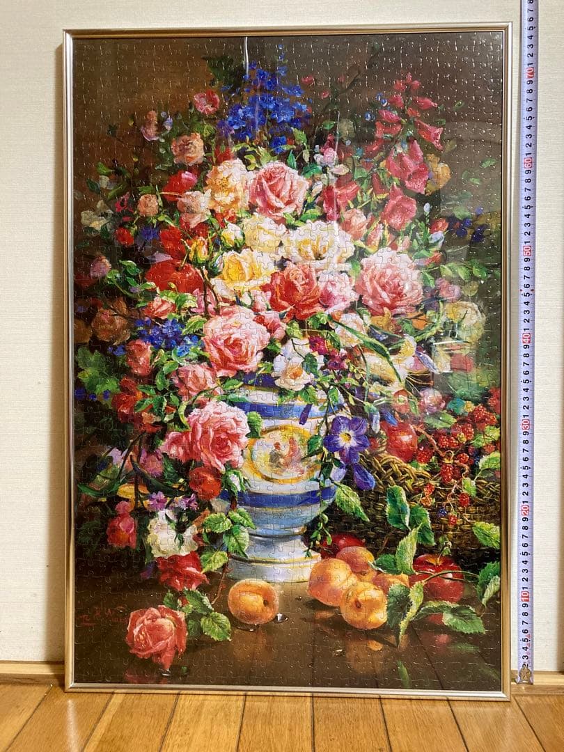 千P④花瓶もれでる花ジグソーパズル アルミ額50×75㎝完成品 油絵 作名