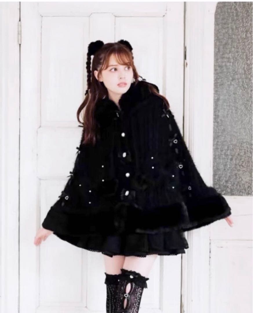 LIZLISA リズリサ ダブルリボンニットファーポンチョ ブラック 黒