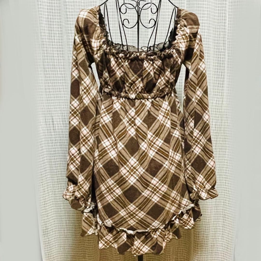 00s 希少 LIZLISA✨（リズリサ）茶色チェック オフショルワンピース