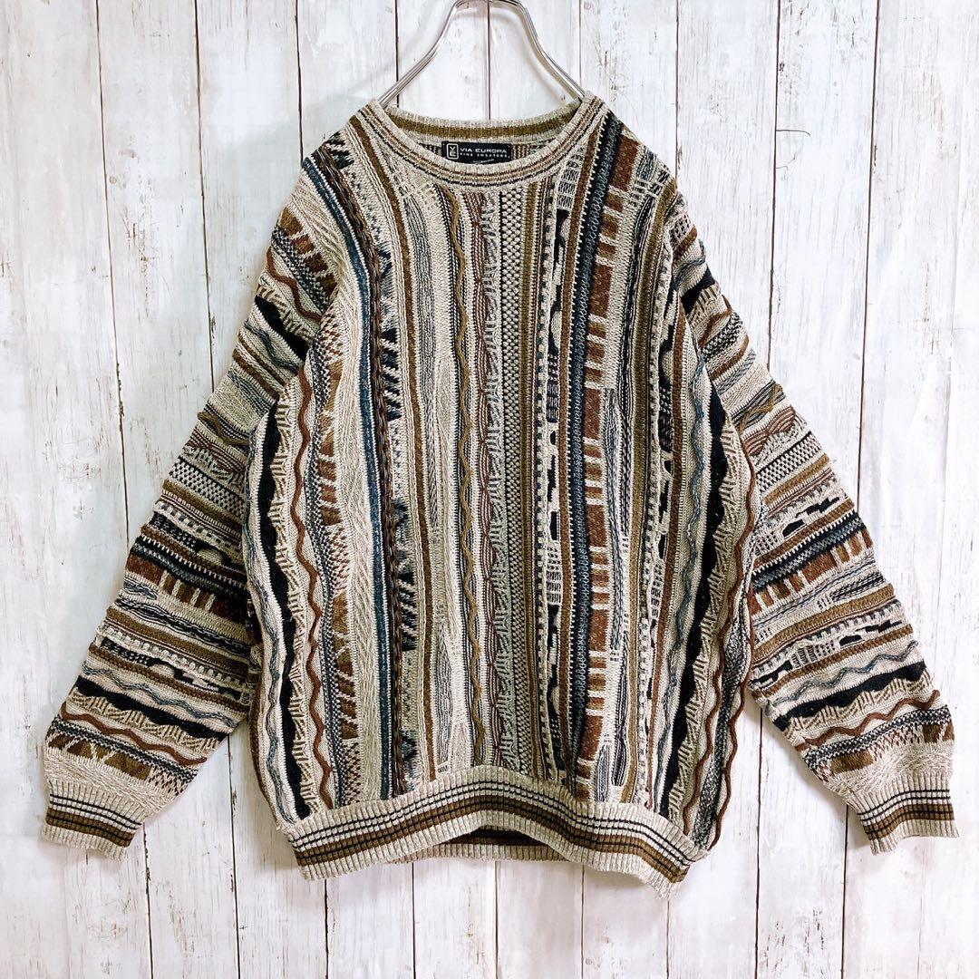 LAVANE USA製 アクリル 立体 総柄 3D デザインニット ブラウン系