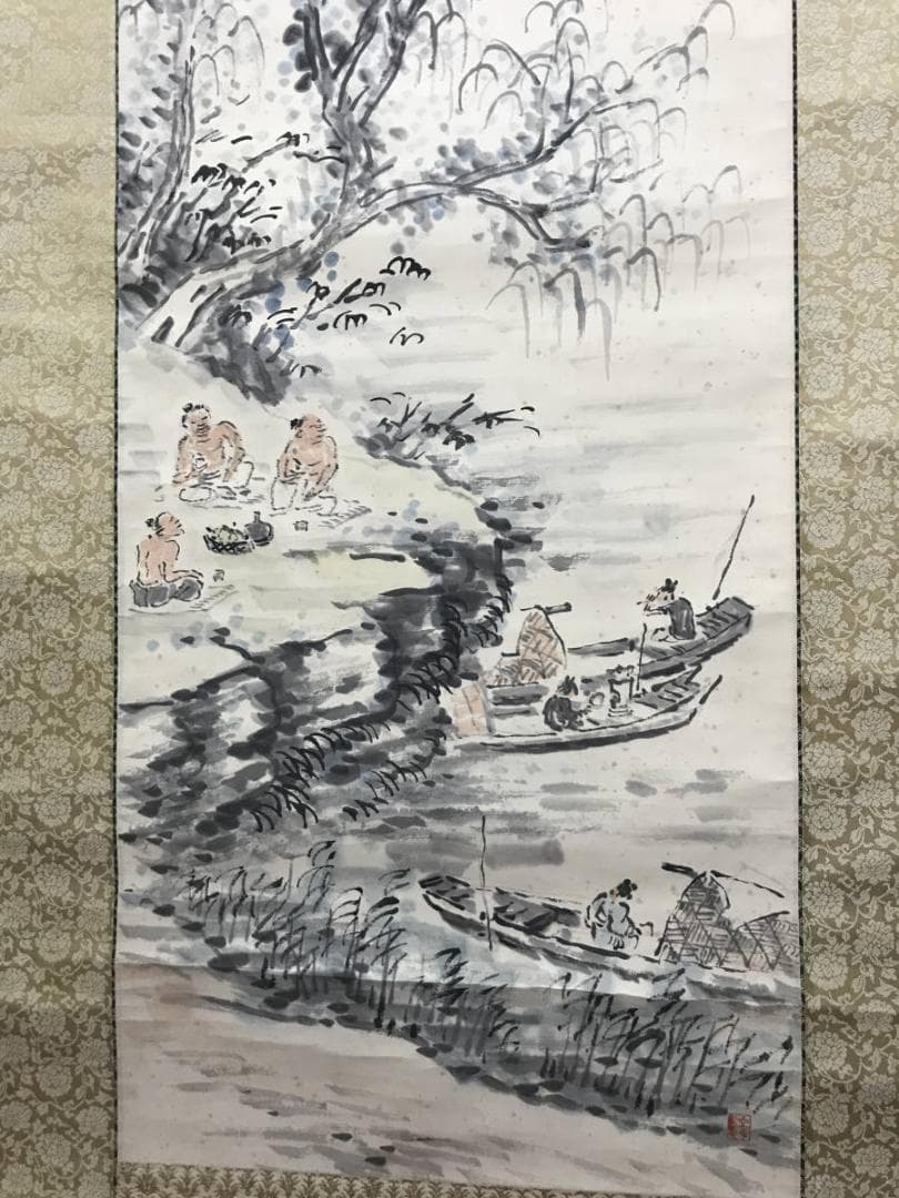 真作】福田浩湖/柳蔭語喜図/山水図/山水人物図/掛軸/名家伝来/AB-848