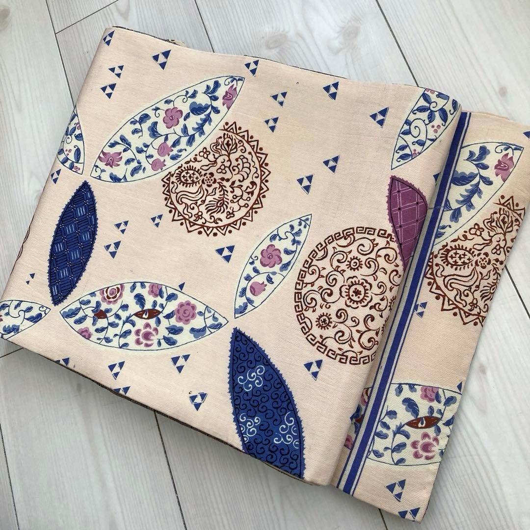 イハナ アンティーク京袋帯・昼夜帯　レトロな花模様　花唐草グ正絹　N-26 召しませ花 名古屋帯 染め 京袋帯 唐花紋 オフホワイト 日本製 正絹