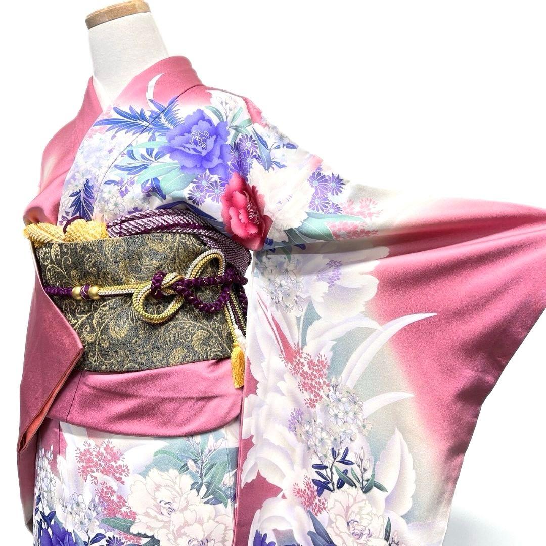 トール振袖 濃紫×藤色 花吹雪 流れ模様 身丈168 裄63 袖丈107