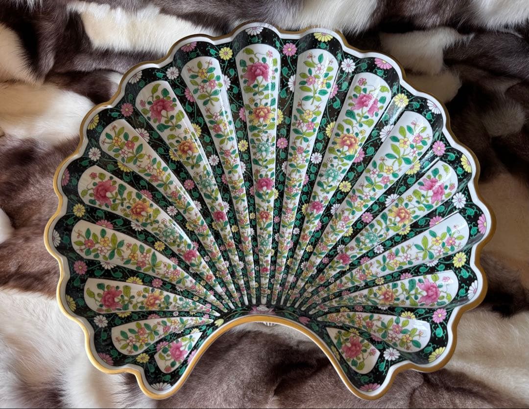 HEREND ヘレンド　西安の黒　41cm脚付き貝形大鉢シェルトレイ　マンダリン HERENDヘレンド 西安の黒 41cm 脚付き貝形大鉢シェルトレイ マンダリン