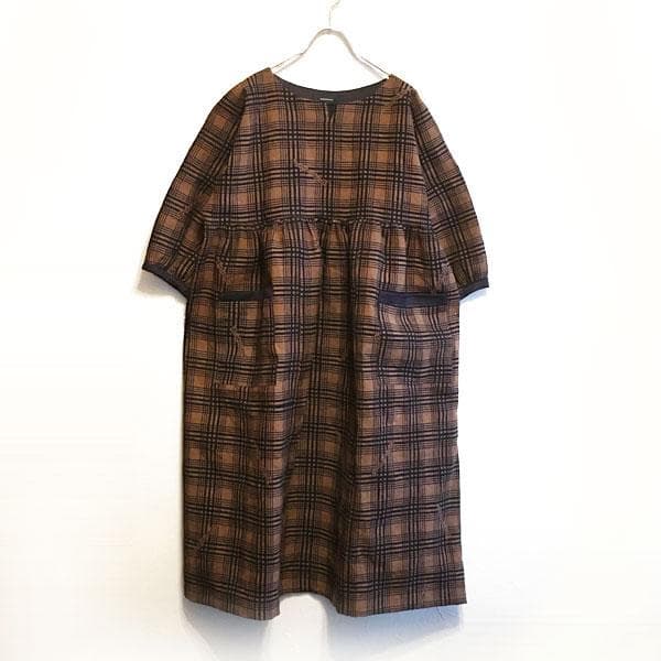 浴衣リメイク 柿渋染めチェック柄ゆったりハイウエストワンピース 七分