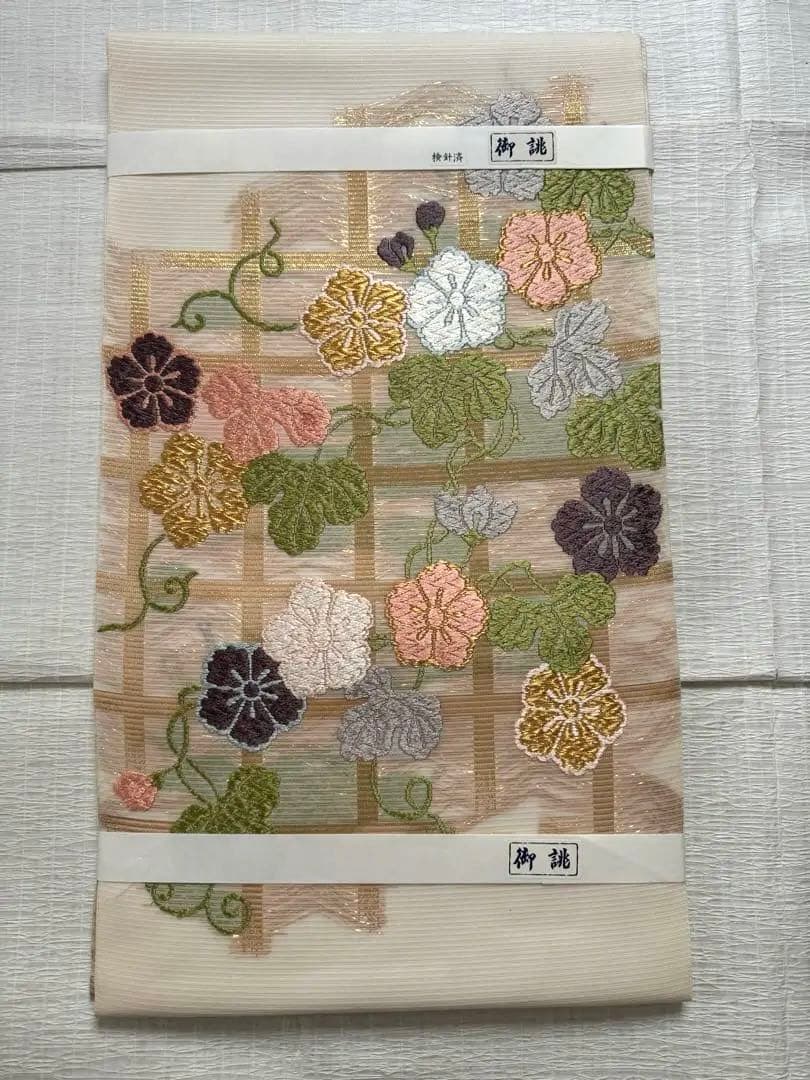 1万円お値引き【新品・未使用】西陣 河合美術織物 唐織 紗の袋帯 夕顔