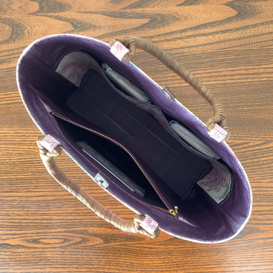 大島紬 満開の藤の花 リメイク 胡桃皮ハンドルバッグ