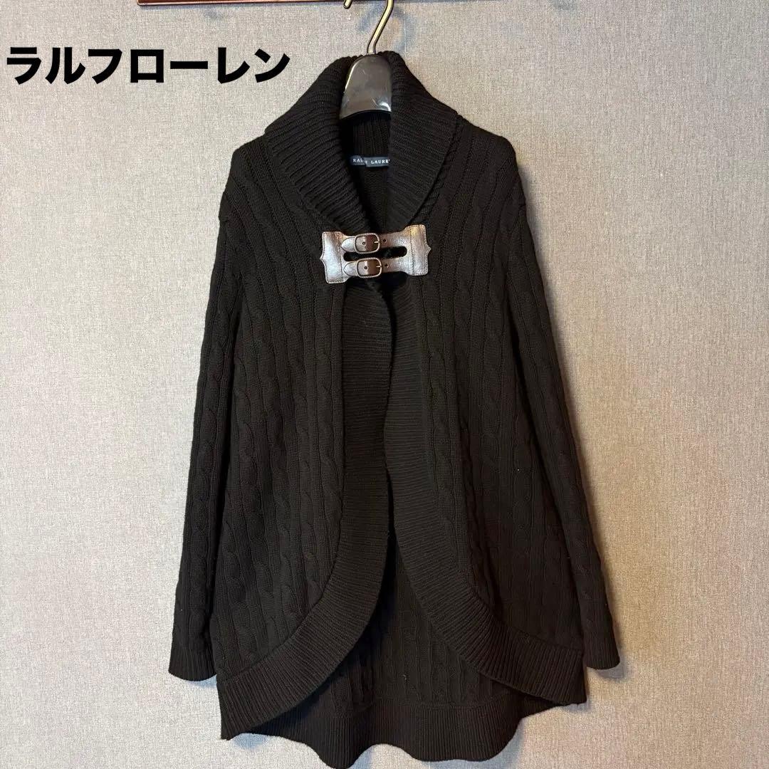 ラルフローレン カシミヤ混 ロングカーディガン ケーブルニット 黒 M