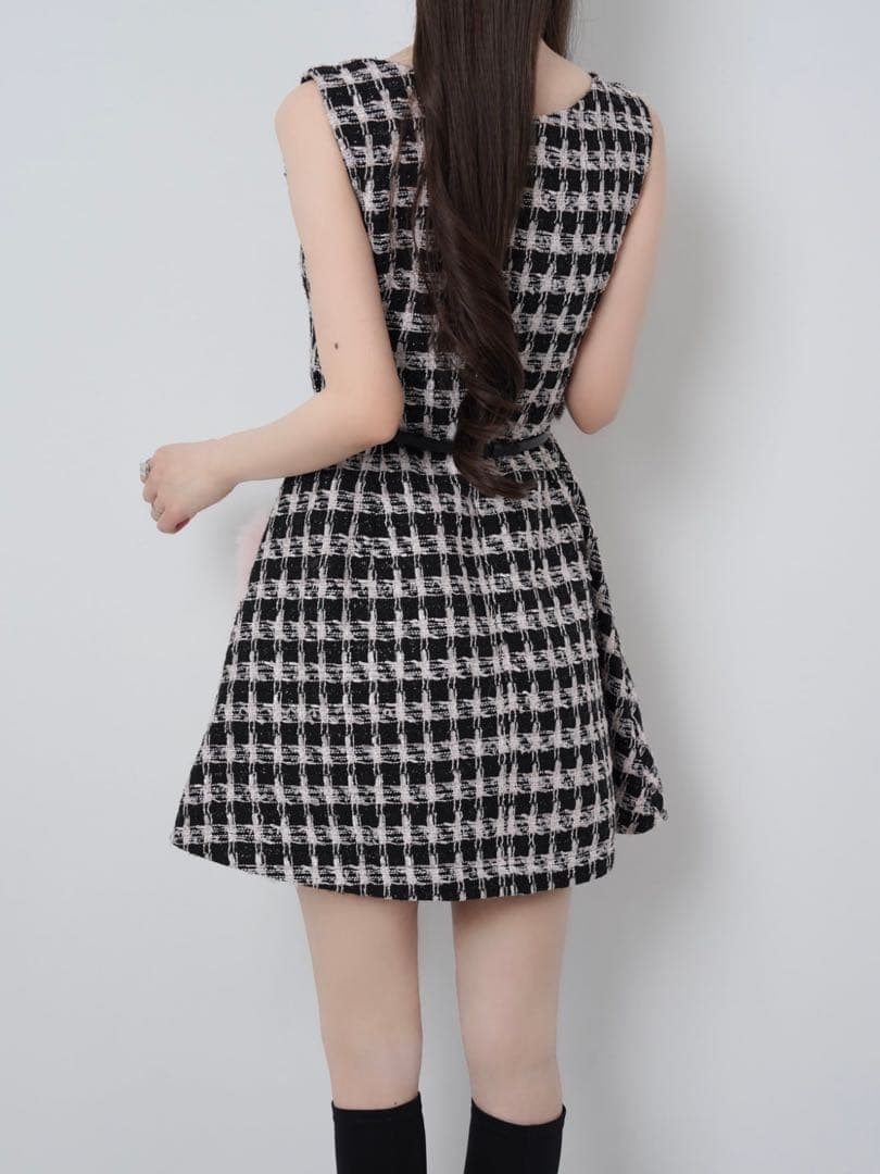 ルミニョン lumignon ツイードポケットファーワンピース 千鳥柄 - メルカリ