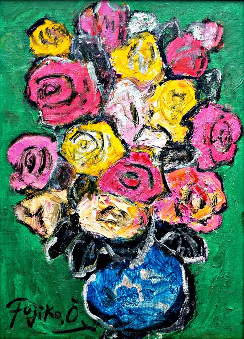 絵画 油絵 油彩画F4 「バラ一輪」額付き 美品 芸術 原画 手描き サイン入り