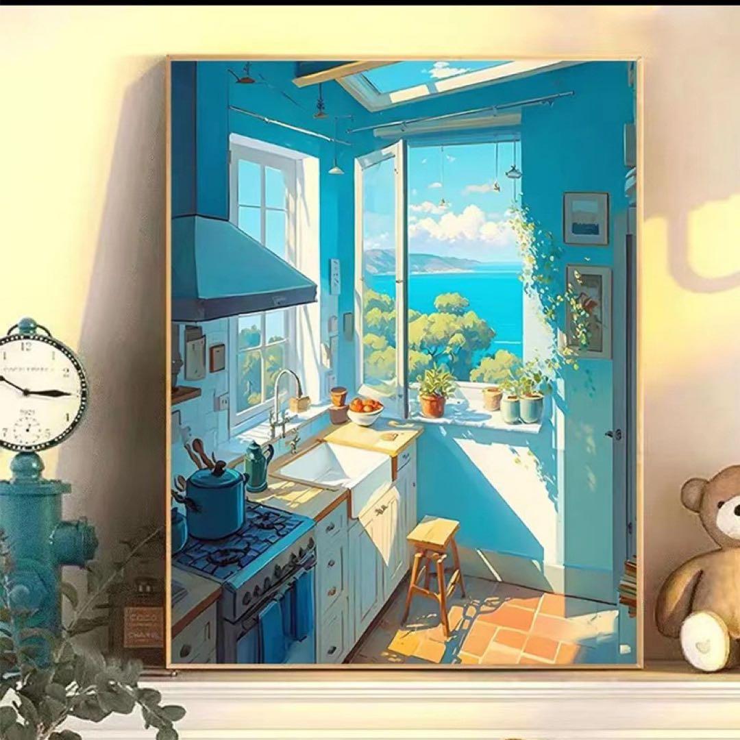 風景画 キッチンからの海の眺め 絵画 海 インテリア 朝日 (輝きの朝/Mプラスサイズ) 額入り 風景画