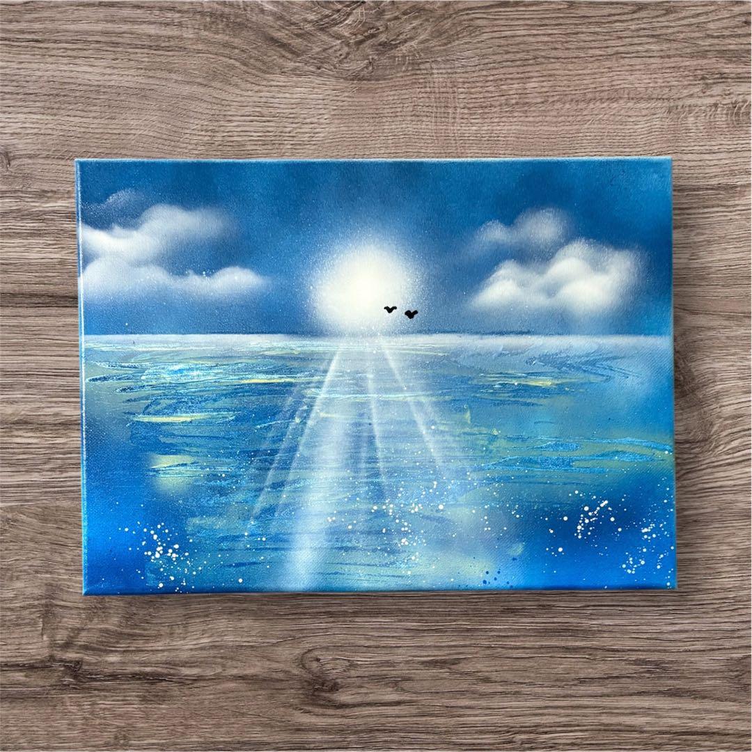 361】スプレーアート 海 水平線 日の出 風景画 景色 インテリア アート