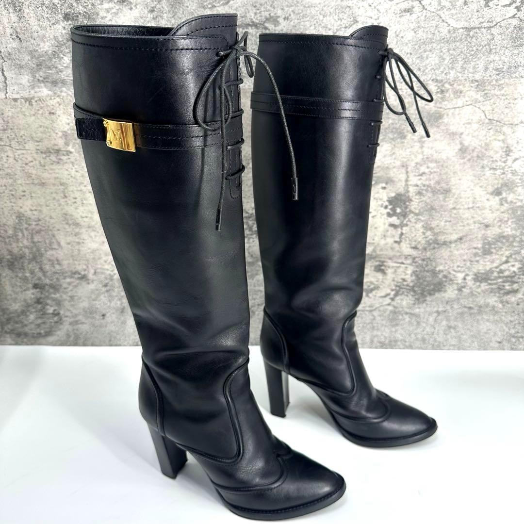 美品★ルイヴィトン ロングブーツ レザー　LVゴールド金具 ロゴ 22.5cm