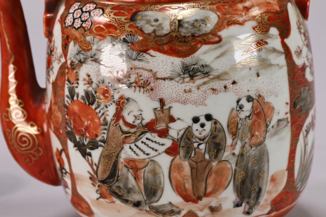 明治期 九谷造 赤絵 花鳥唐子図 注水 急須 重さ347g 茶道具 煎茶道具