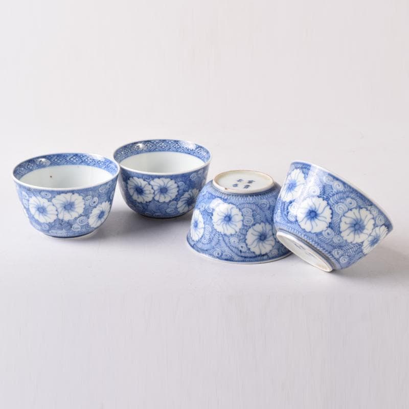 伊万里焼　古伊万里　富貴長春　染付花文　煎茶碗　四客　7685 江戸古伊万里 富貴長春 - アンティークマーケット吹上